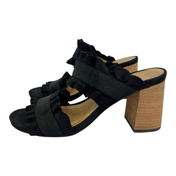 Free People Women's Size 39 US 8.5 Rosie Black Suede Ruffled Block Heel Sandals - Picture 4 of 8